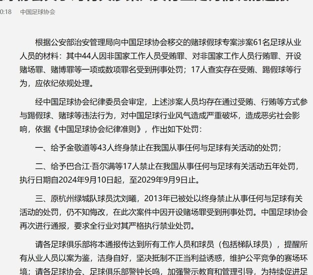 中国足协负责人：本次处罚对象人员类型更加复杂 主体多元